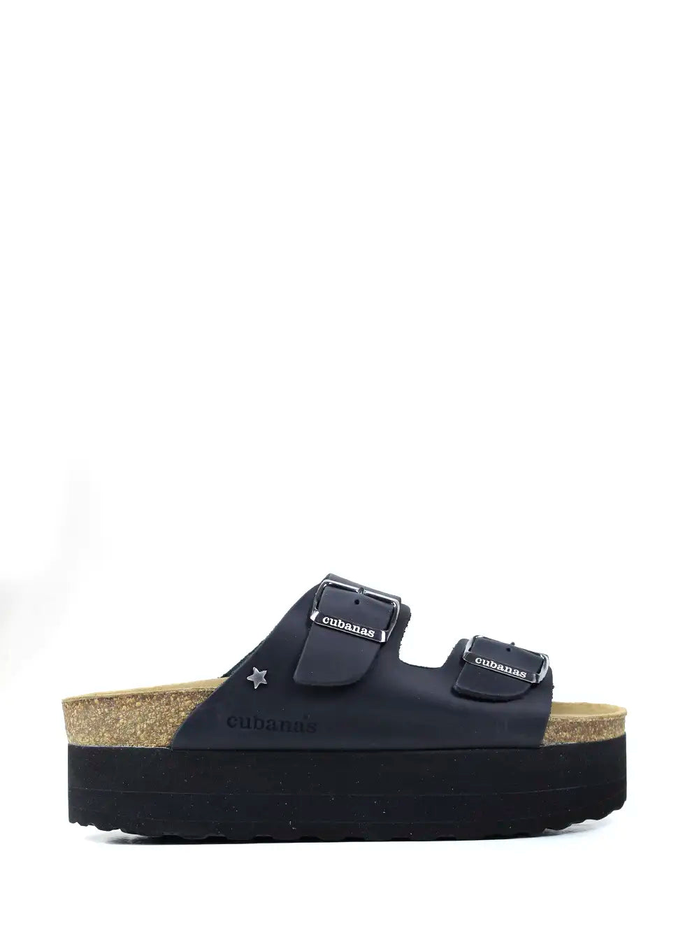 Amália Platform Sandals in Black Leather with Two Straps