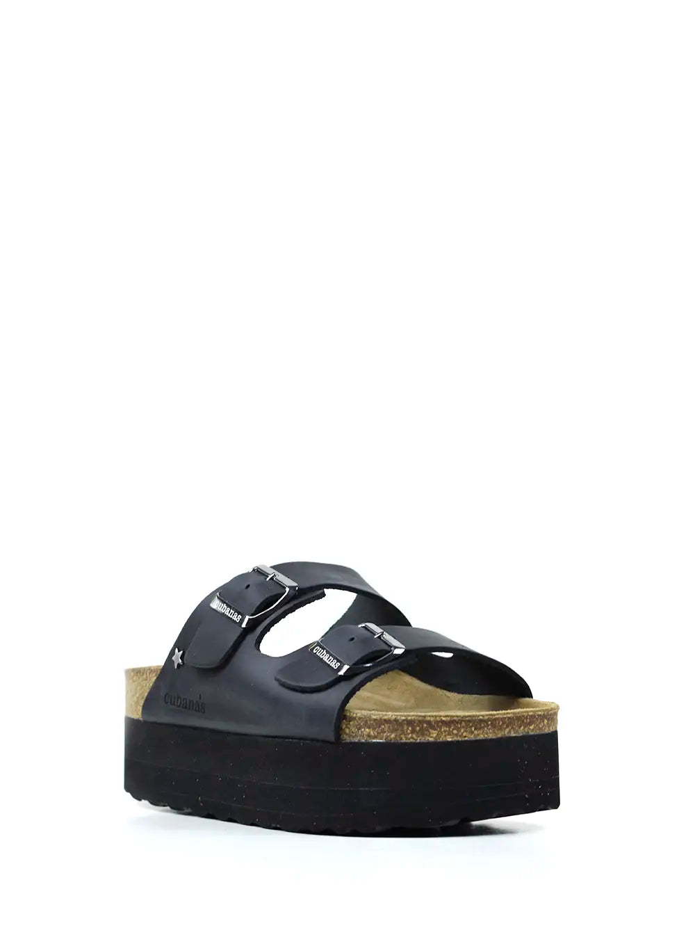 Amália Platform Sandals in Black Leather with Two Straps