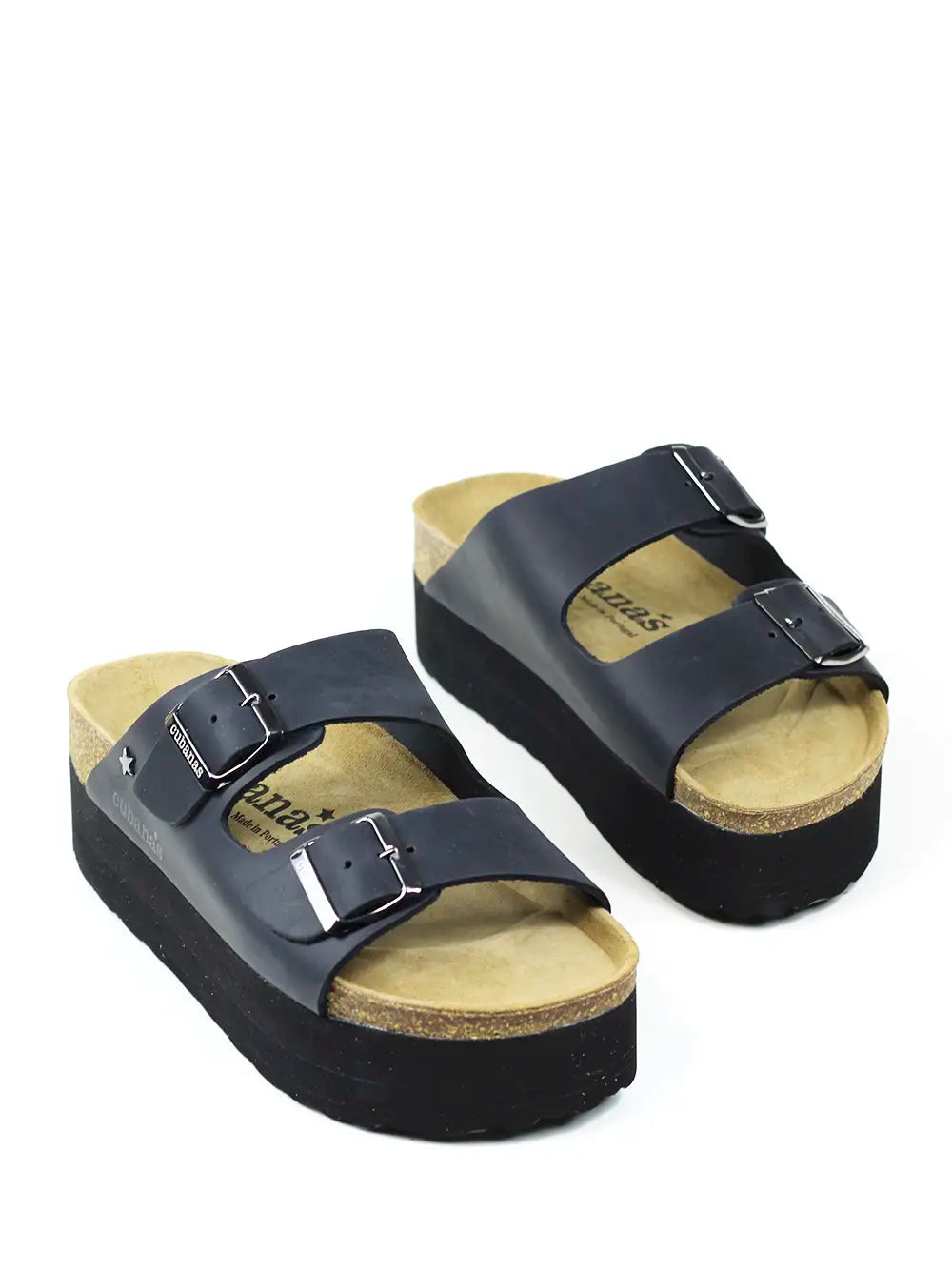 Amália Platform Sandals in Black Leather with Two Straps