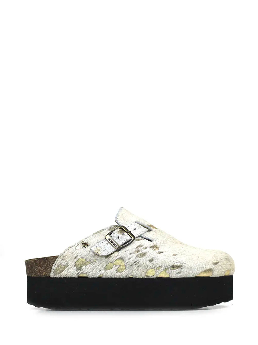 Maria Platform Sandal in White and Gold Fur