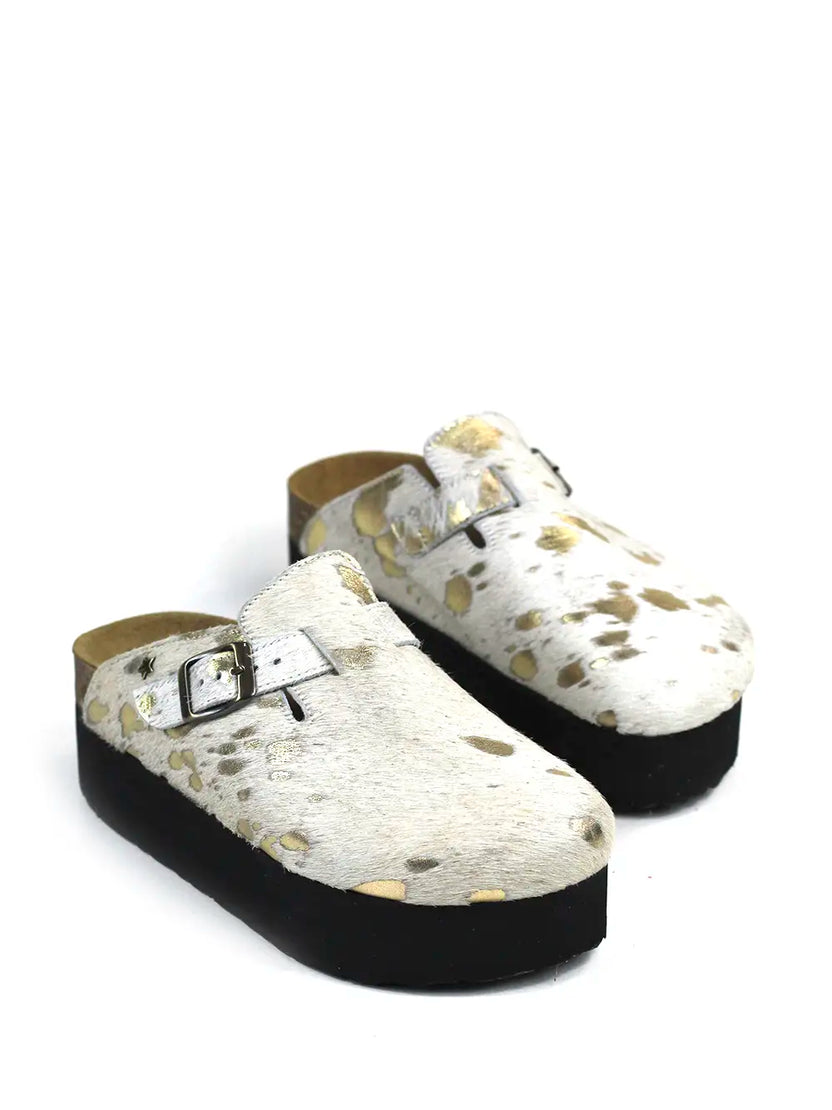 Maria Platform Sandal in White and Gold Fur